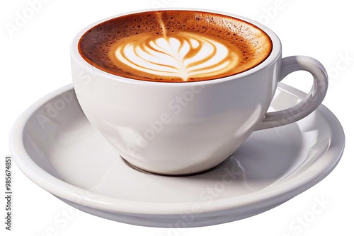 hot latte coffee with latte art in a ceramic white cup and saucer PNG file on isolated background.