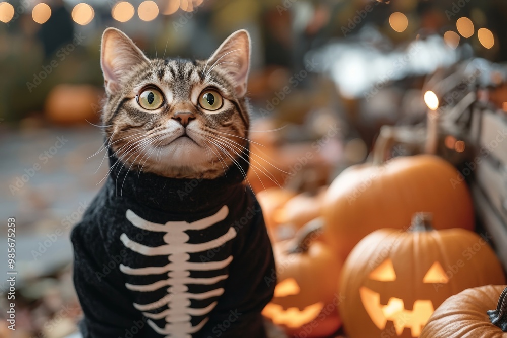 A cat in a skeleton outfit, perched on a Halloween-themed rooftop with spooky decorations and glowing jack-o'-lanterns, creating a chilling yet festive Halloween scene A cat in a skeleton outfit, perched on a Halloween-themed rooftop with spooky decorations and glowing jack-o'-lanterns, creating a chilling yet festive Halloween scene