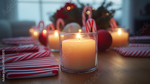 A fun and festive candy cane-themed Christmas table setting, red and white striped napkins, glowing peppermint candles, candy cane centerpieces in a joyful holiday atmosphere, soft candlelight, photo