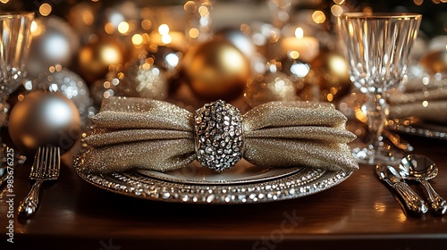 A Glam Christmas table with sparkling silver and gold accents, crystal glassware and shimmering napkin rings, golden candlelight reflecting off glittering ornaments, creating a festive, photo