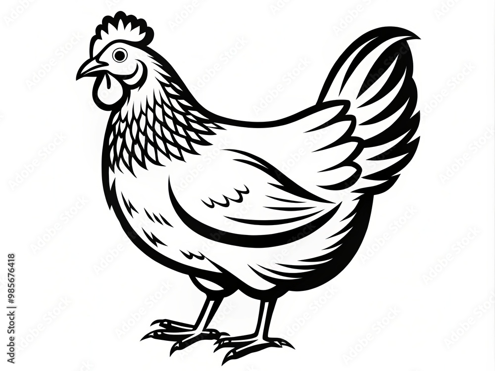 * A simple yet elegant black outline of a hen adorns a clean white background, the tail feathers * A simple yet elegant black outline of a hen adorns a clean white background, the tail feathers