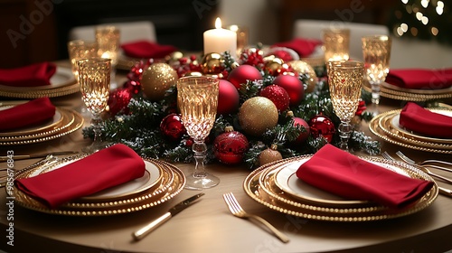 A luxurious Christmas table decorated with red napkins, gold-rimmed plates, and shimmering gold candle holders, a festive centerpiece of red and gold ornaments, soft candlelight casting a warm glow, photo