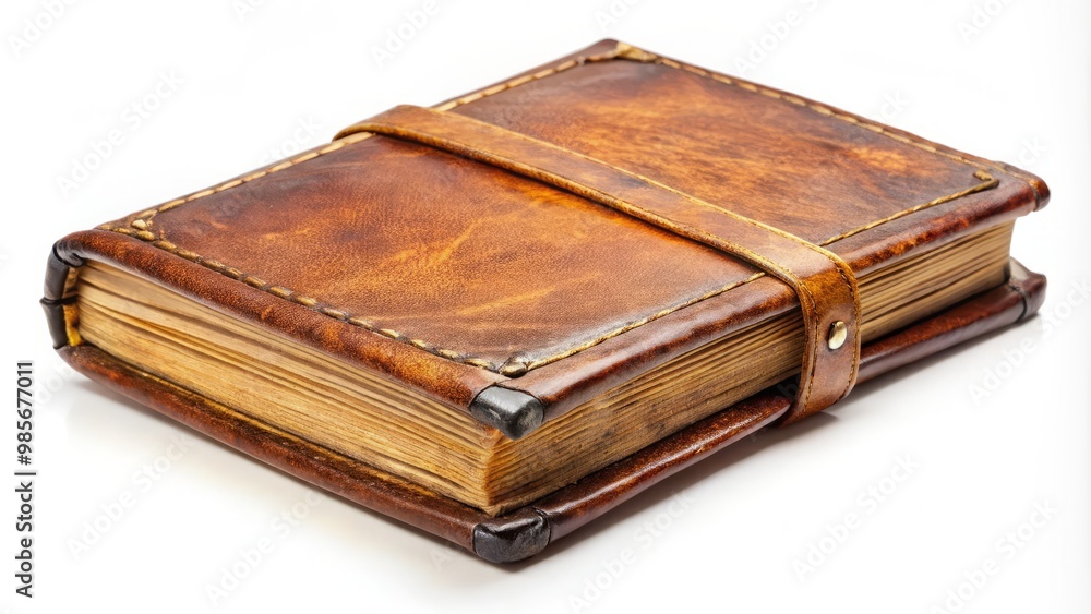 * A worn parchment journal, adorned with a rich patina, lies open on a pristine white surface, its * A worn parchment journal, adorned with a rich patina, lies open on a pristine white surface, its