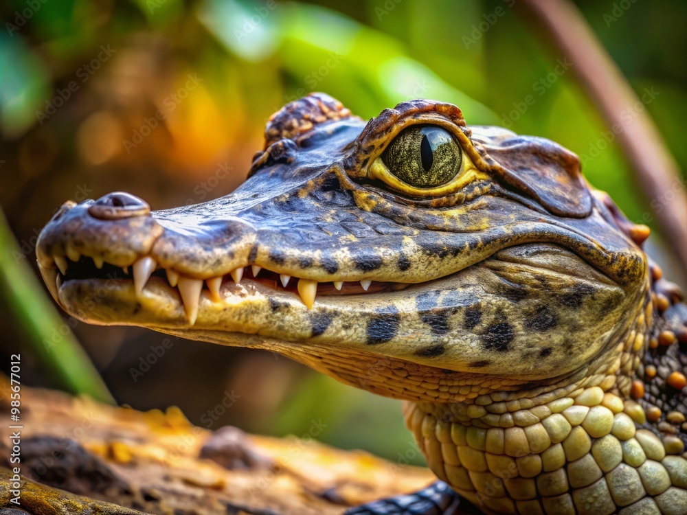 Fototapeta premium * A yacare caiman's scaly body glimmers in the sunlight, its creamy yellow underbelly and dark brown back