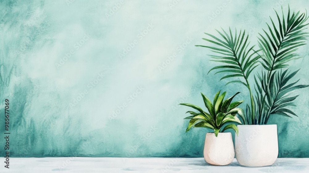 Watercolor Green Plants in White Pots on Aqua Background. Watercolor Green Plants in White Pots on Aqua Background.