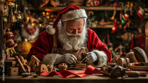 santa claus working in workshop making toys - christmas eve
