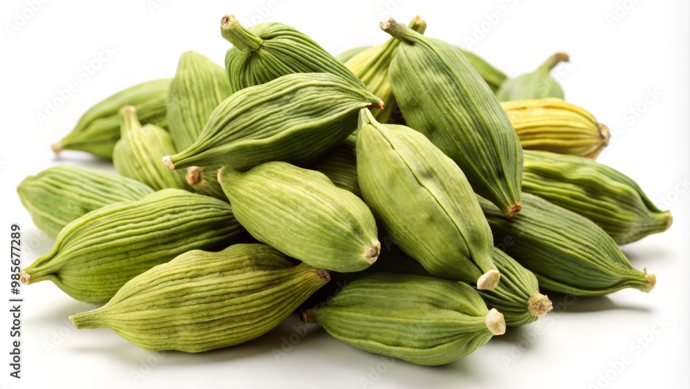* Close-up shots of green aromatic cardamom pods in various sizes on a pristine white background, showcasing their * Close-up shots of green aromatic cardamom pods in various sizes on a pristine white background, showcasing their