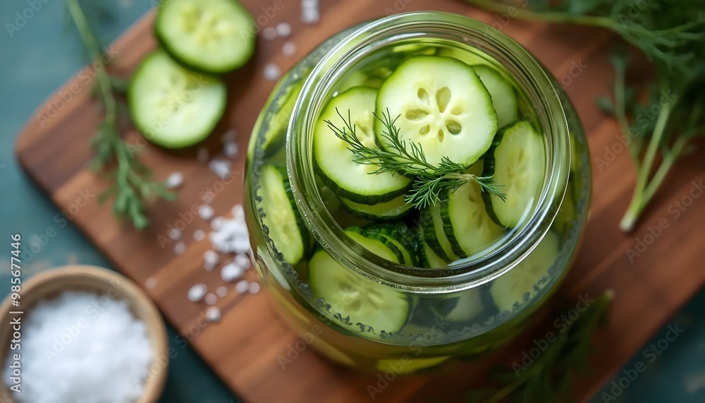 Jar of Danish Pickled Cucumbers (Agurkesalat) with Fresh Dill on Wooden Board (Danish Cuisine)