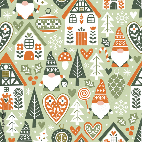 Seamless vector pattern with cute nordic Christmas gnomes and gingerbread houses and. Hand drawn Christmas gingerbread village. EPS 10 vector file. Perfect for textile, wallpaper or print design.