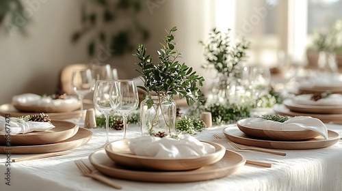 A minimalist Nordic Christmas table set with white linens, simple wooden plates, and sprigs of greenery in clear glass vases, soft natural light filtering in, clean and serene design, photo