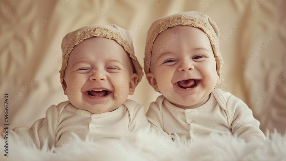 Smiling Twin Babies in Matching Outfits Smiling Twin Babies in Matching Outfits