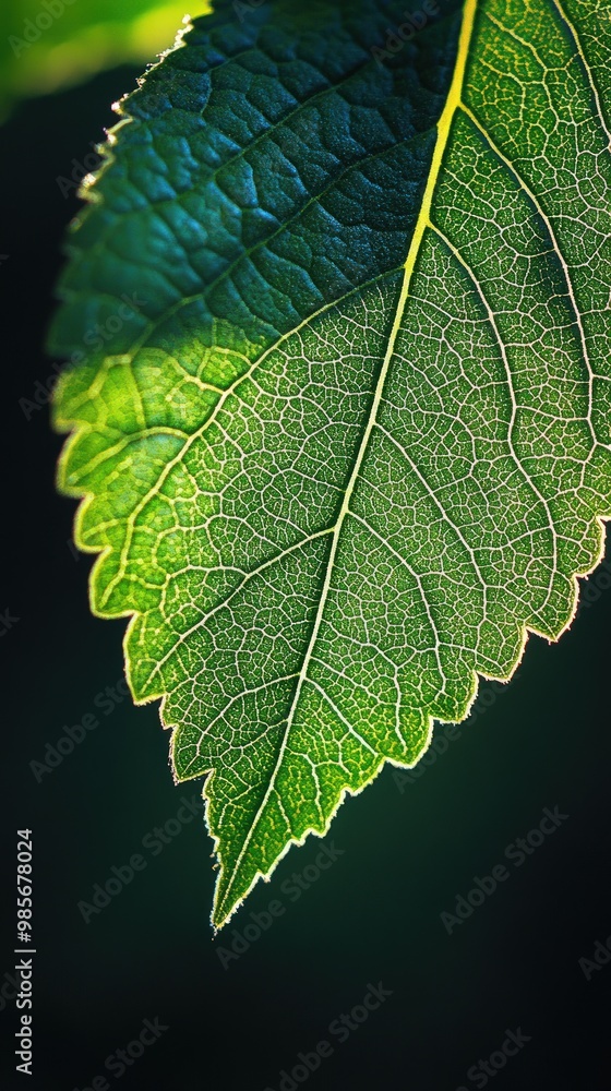Close-up of a green leaf with visible veins and texture, illuminated by sunlight against a dark background. Close-up of a green leaf with visible veins and texture, illuminated by sunlight against a dark background.