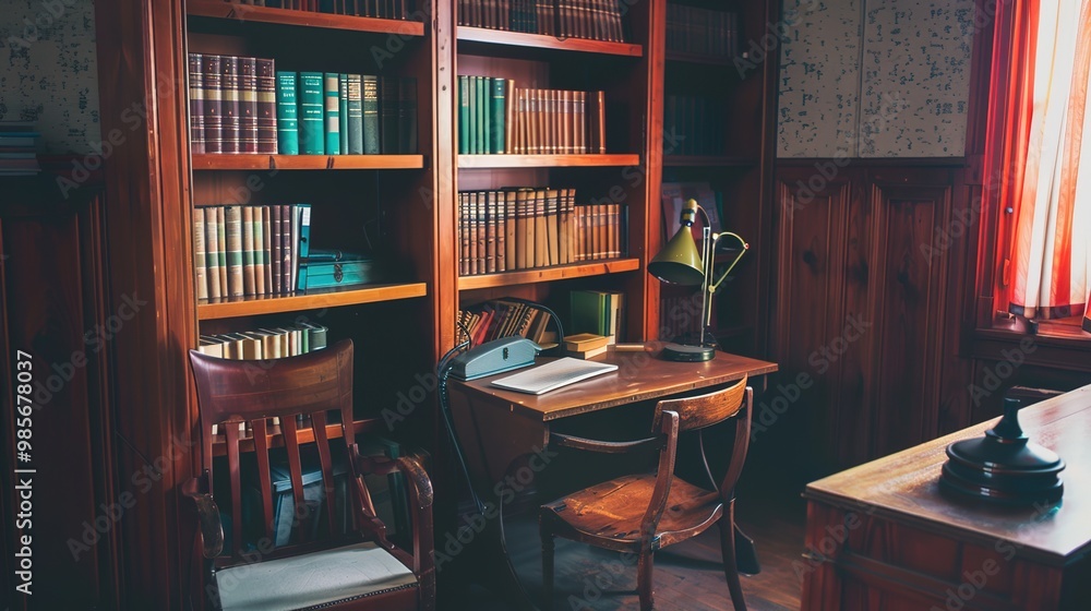 Cozy home office, Bookshelf with books, wooden writing desk adorned with family photographs and plants. Cozy home office, Bookshelf with books, wooden writing desk adorned with family photographs and plants.