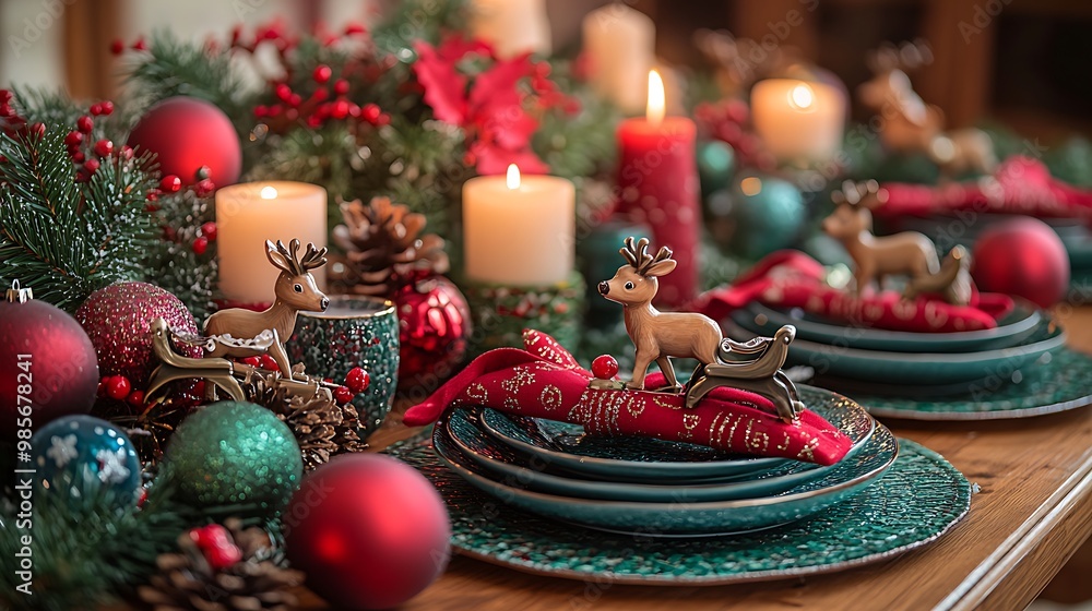 A playful holiday table decorated with mini reindeer figures, sleigh napkin holders, and festive red and green tableware, warm candlelight reflecting off the whimsical decorations, A playful holiday table decorated with mini reindeer figures, sleigh napkin holders, and festive red and green tableware, warm candlelight reflecting off the whimsical decorations,