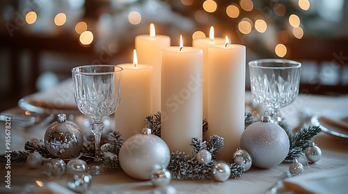 A refined Christmas table featuring tall white candles, crystal glassware, and silver accents, soft candlelight glowing warmly, delicate silver ornaments adding elegance to the serene holiday scene, photo