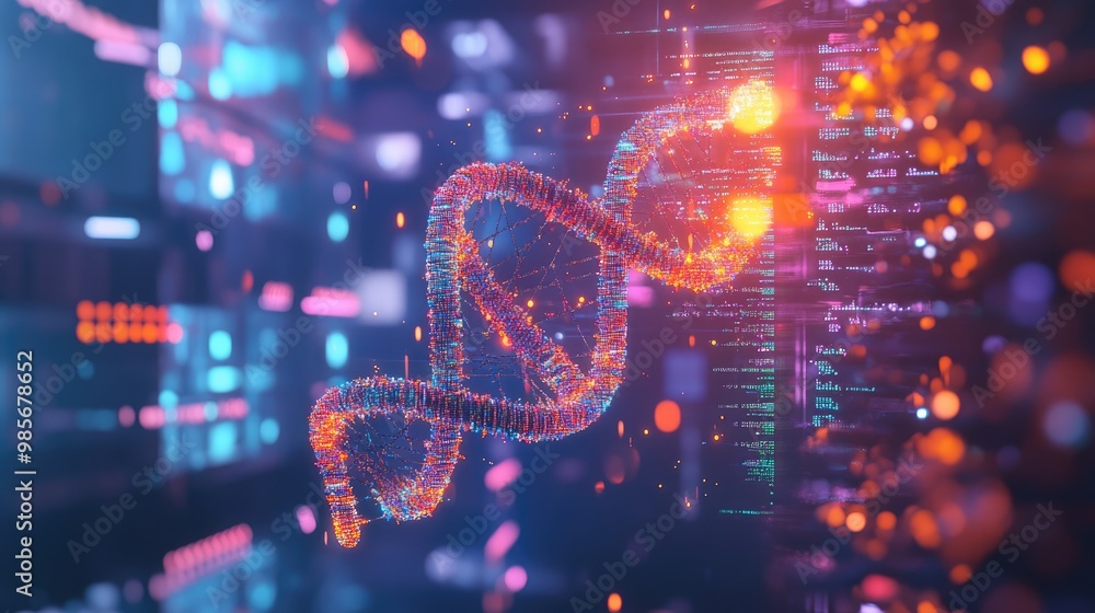 A vibrant 3D model of a DNA double helix floating in a futuristic lab, surrounded by data and biological structures. A vibrant 3D model of a DNA double helix floating in a futuristic lab, surrounded by data and biological structures.