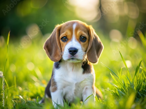 Fluffy brown and white beagle puppy frolics in a lush green field, tail wagging wildly as it chases