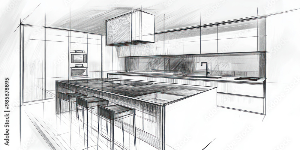 Sketch of modern kitchen layout with cabinets and appliances Sketch of modern kitchen layout with cabinets and appliances