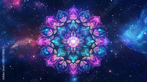 Cosmic Mandala Psychedelic Art Floral Pattern Galaxy Background