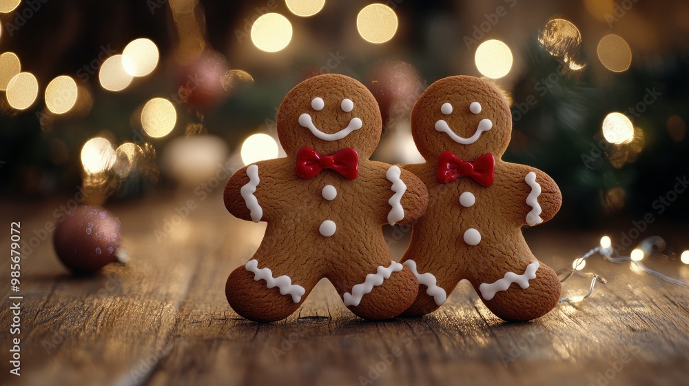 Two gingerbread men decorated with white icing and red bow ties standing upright on a wooden table, with a background of Christmas lights. Two gingerbread men decorated with white icing and red bow ties standing upright on a wooden table, with a background of Christmas lights.