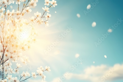 Blooming spring flowers sunny sky backdrop