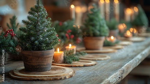 A rustic Christmas table with mini Christmas trees in rustic pots as centerpieces, wood slices used as placemats, soft candlelight illuminating the natural elements, photo