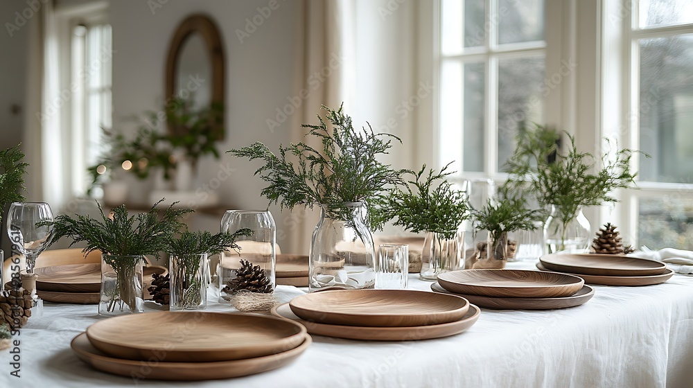 Obraz premium A serene Nordic minimalist Christmas table, white linens paired with wooden plates, delicate greenery in glass vases, natural light and clean lines creating a peaceful and understated holiday setting,