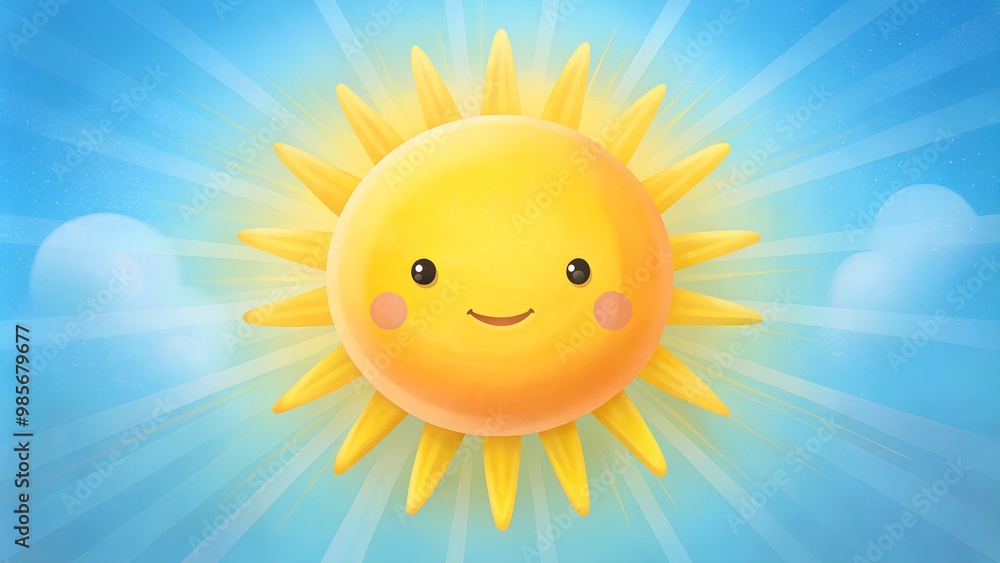 Happy cartoon sun with a smiling face shining brightly against a blue sky background for children's content. Happy cartoon sun with a smiling face shining brightly against a blue sky background for children's content.