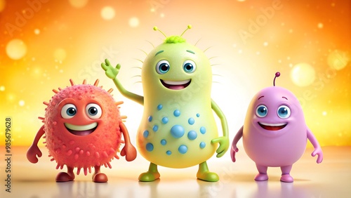 Friendly cartoon microorganisms smiling together on a warm, glowing background for educational purposes.