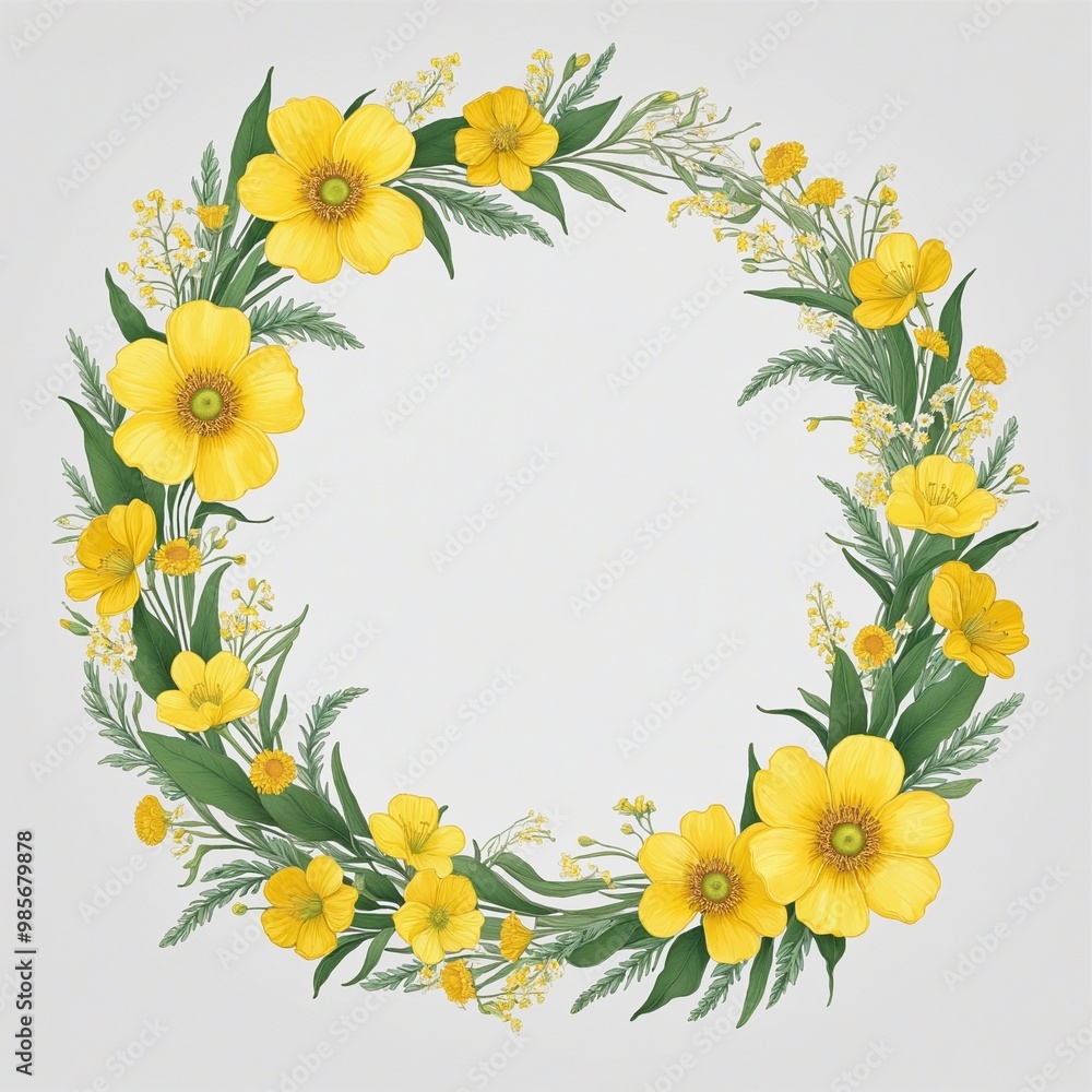 Fototapeta premium wreath of yellow flowers with green leaves, illustration