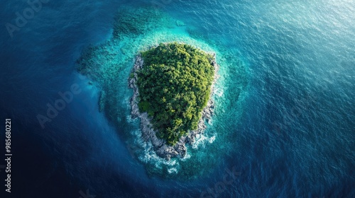 Aerial view of a tropical island with crystal blue waters, perfect for summer vacation marketing. Space for text in the sky or water.