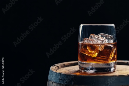 Whiskey on the Rocks: A glass of amber whiskey rests on an aged wooden barrel, ice cubes  photo