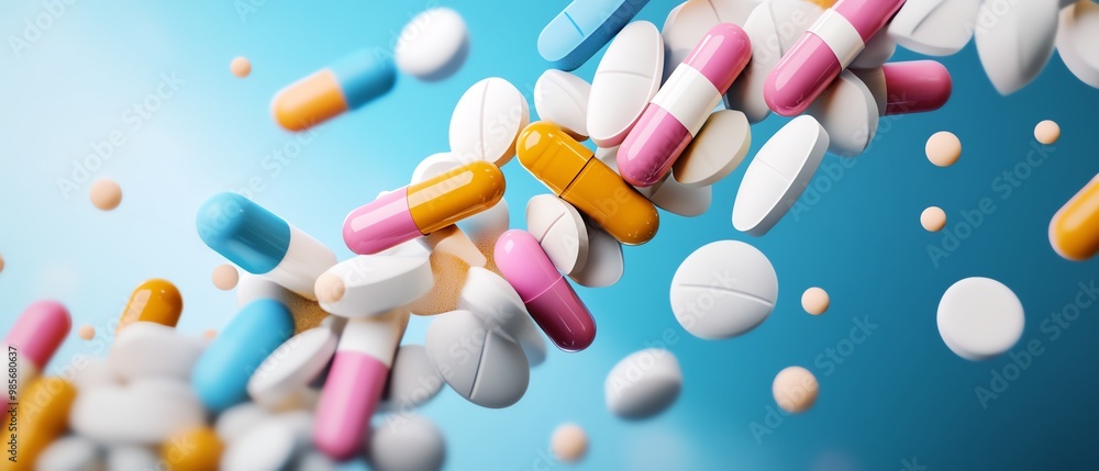 Colorful pills and capsules floating against a vibrant blue background, representing health, medicine, and pharmacy concepts. Colorful pills and capsules floating against a vibrant blue background, representing health, medicine, and pharmacy concepts.