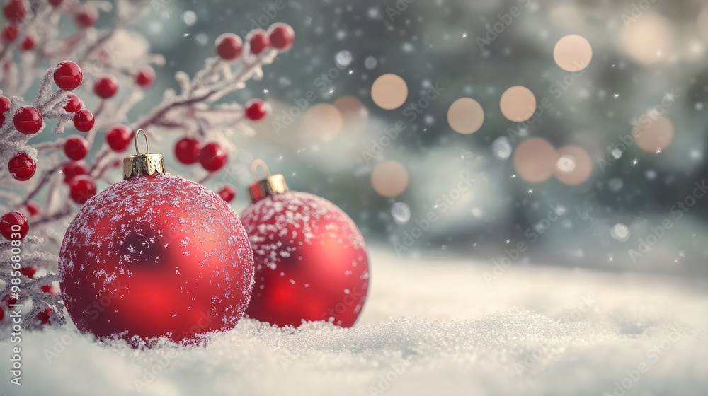 Fototapeta premium Weihnachten und Neujahr Feiertage Konzept. Rote Kugeln auf Tannenzweigen, Winter verschneite Kulisse. festliche Wintersaison Hintergrund. Vorlage fÃ¼r Design, Banner, Copy Space