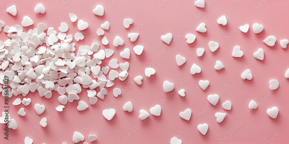 Scattered Heart-Shaped Sprinkles on Pink Background Scattered Heart-Shaped Sprinkles on Pink Background