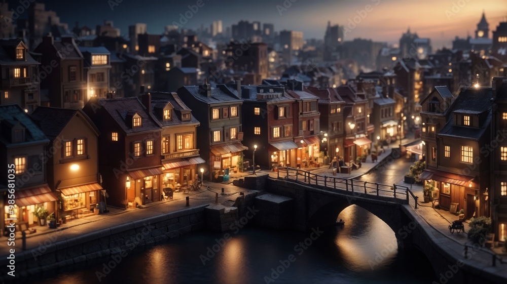 Fototapeta premium detailed miniature night city scene, and warm light