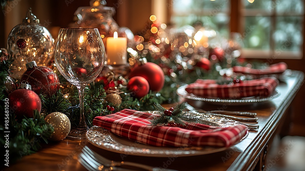 A warm and nostalgic Christmas table with red plaid napkins, retro decorations, and antique glassware, soft candlelight illuminating vintage ornaments, cozy and charming holiday setting, hd quality, A warm and nostalgic Christmas table with red plaid napkins, retro decorations, and antique glassware, soft candlelight illuminating vintage ornaments, cozy and charming holiday setting, hd quality,