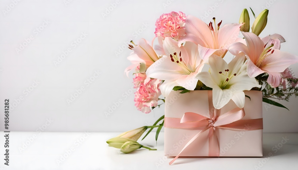 8th March Flowers with a Gift Box. A delicate floral arrangement featuring lilies and carnations, placed next to a wrapped gift box on a white 8th March Flowers with a Gift Box. A delicate floral arrangement featuring lilies and carnations, placed next to a wrapped gift box on a white