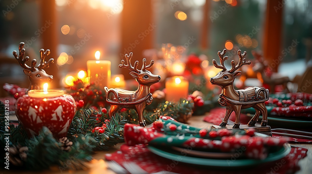 A whimsical Christmas table featuring mini reindeer figurines, sleigh-shaped napkin holders, and festive red and green tableware, soft candlelight illuminating the playful holiday scene, A whimsical Christmas table featuring mini reindeer figurines, sleigh-shaped napkin holders, and festive red and green tableware, soft candlelight illuminating the playful holiday scene,
