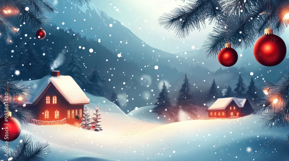 Naklejka premium Weihnachtliches Dekobanner mit WeihnachtshÃ¤user, Weihnachtskugeln, Hintergrund Illustration