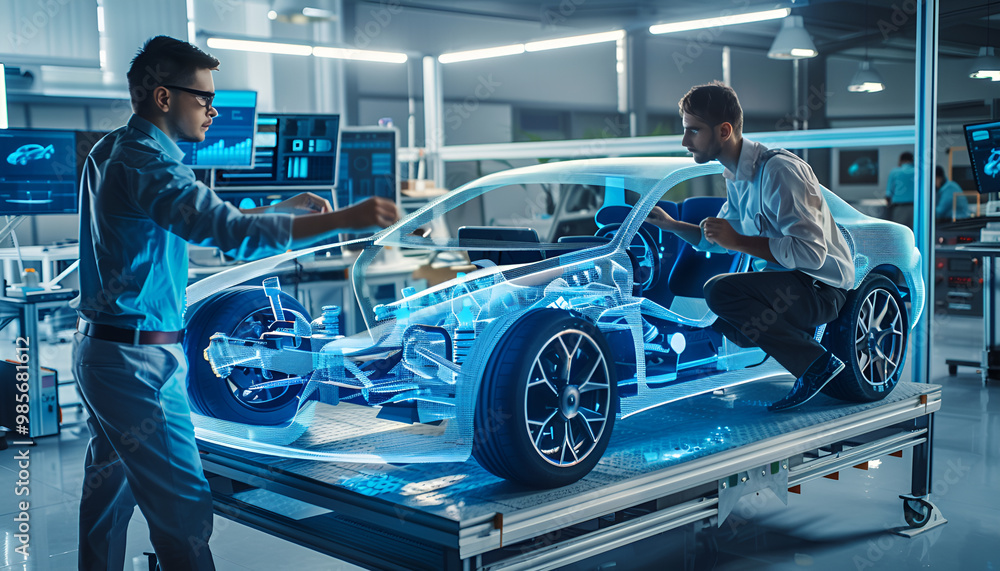Engineers working on a digital car design in a high-tech automotive factory Engineers working on a digital car design in a high-tech automotive factory