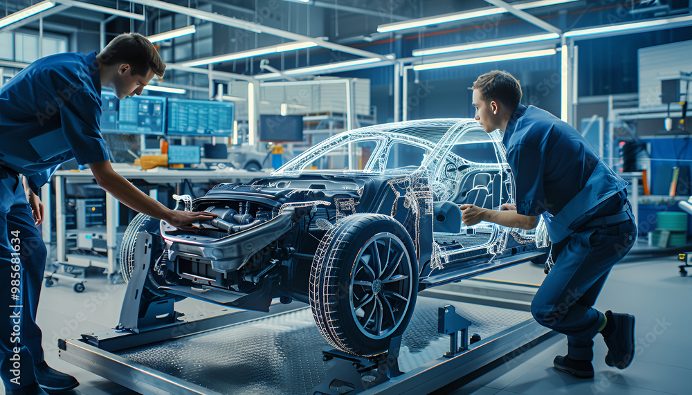 Engineers working on a digital car design in a high-tech automotive factory Engineers working on a digital car design in a high-tech automotive factory
