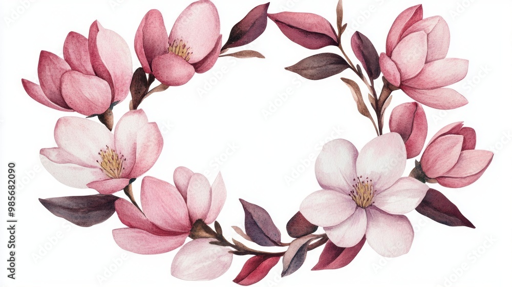 Naklejka premium Watercolor Magnolia Wreath.