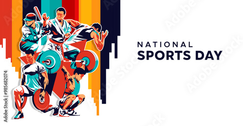 National championship sports banner design with illustrations of martial arts athletes, weightlifters, runners and base ball players. Abstract silhouette style isolated on sporty abstract background
