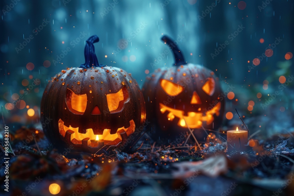 Two halloween pumpkins glowing in a rainy forest at night Two halloween pumpkins glowing in a rainy forest at night