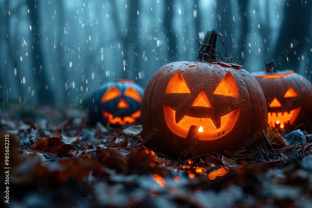 Halloween pumpkins glowing in a spooky forest at night Halloween pumpkins glowing in a spooky forest at night