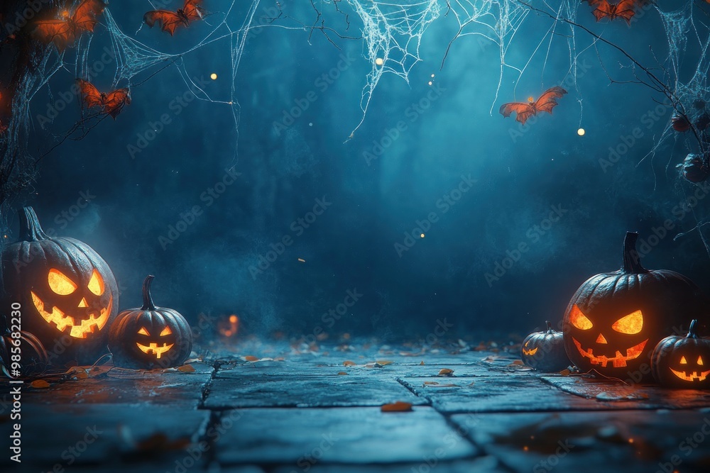 Naklejka premium Spooky halloween pumpkins glowing under cobwebs in a dark forest