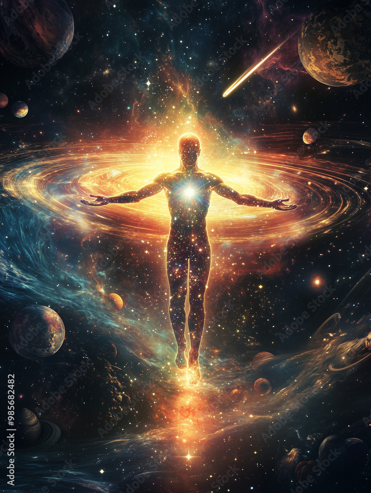 A giant transparent glowing human body with arms wide open,surrounded by small planets and a galaxy vortex.a bright shining North Star against a deep black space,a small shooting star,cosmic A giant transparent glowing human body with arms wide open,surrounded by small planets and a galaxy vortex.a bright shining North Star against a deep black space,a small shooting star,cosmic