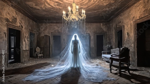 A haunting scene of a ghostly woman in a flowing dress standing in an ornate hallway, with sunlight piercing through misty windows, creating an eerie, supernatural ambiance