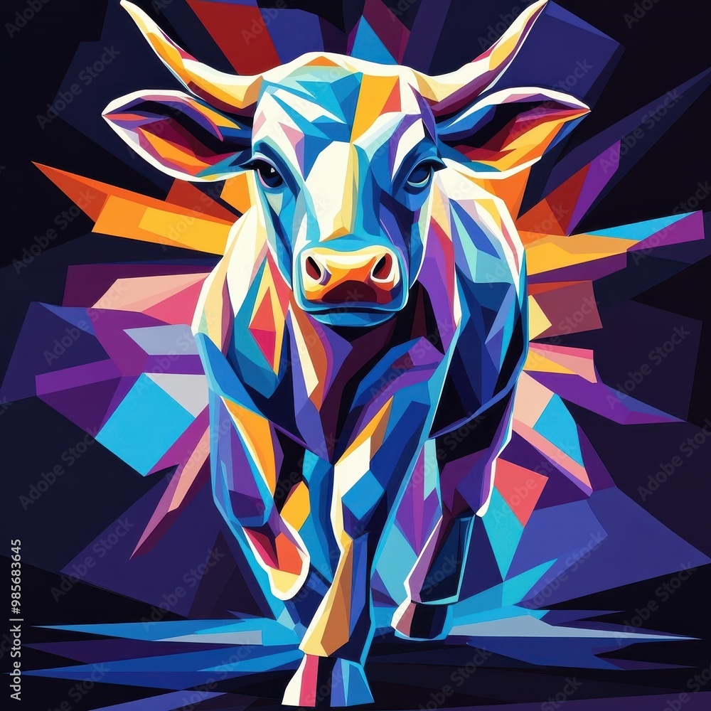 Fototapeta premium Cow in a stylized 3D illustration, featuring modern geometric shapes and bold colors for a contemporary and artistic effect.